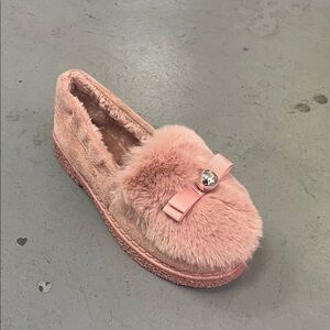 Pink Furry Loafers with Bow Accent